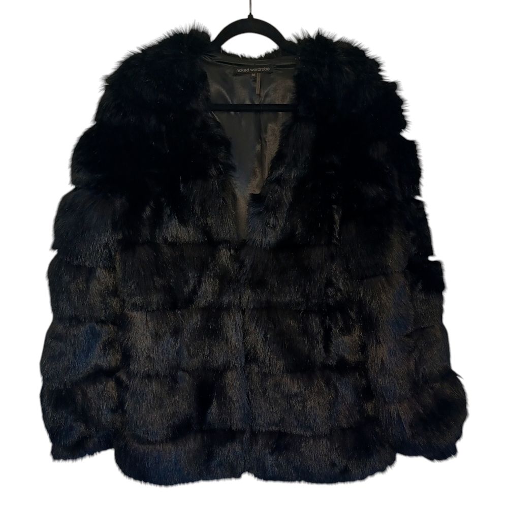 NAKED WARDROBE Faux Fur Black Long Sleeve Hidden Clasp Front Jacket Medium